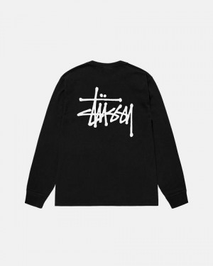 Black Stussy Basic Ls Pigment Dyed T Shirts | 0984MUFHT