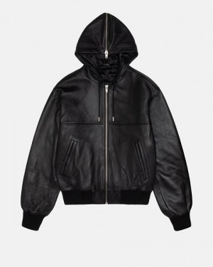 Black Stussy Ss Link Leather Bomber Jackets | 2687YQAMP