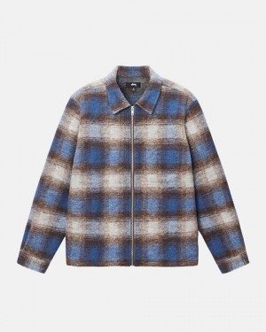 Blue Stussy Brushed Wool Plaid Zip Shirts | 2491SOTXF