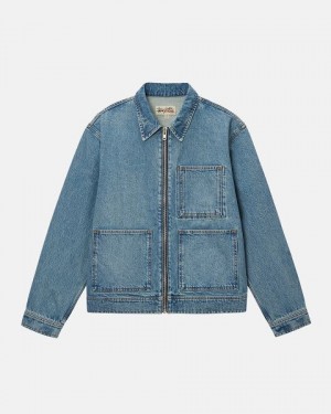 Blue Stussy Zip Work Denim Jackets | 6041BYPQF