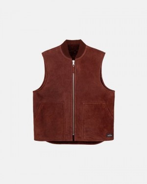 Burgundy Stussy Reversible Shearling Workgear Vest | 7910COPEB