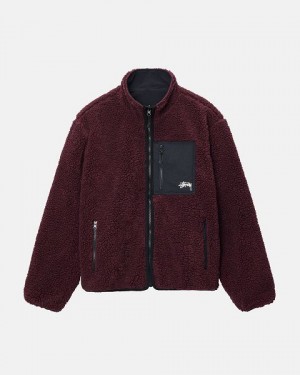 Burgundy Stussy Sherpa Reversible Jackets | 2068MHUCL