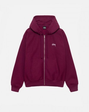 Burgundy Stussy Stock Logo Zip Hoodie | 1789QTJCA