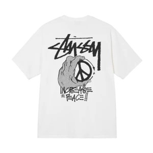 White / Black Stussy Peace Hand Pigment Dyed T Shirts | 6341WIQLN