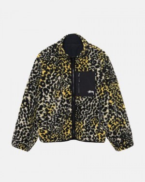 Yellow Leopard Stussy Sherpa Reversible Jackets | 3719MBRLJ