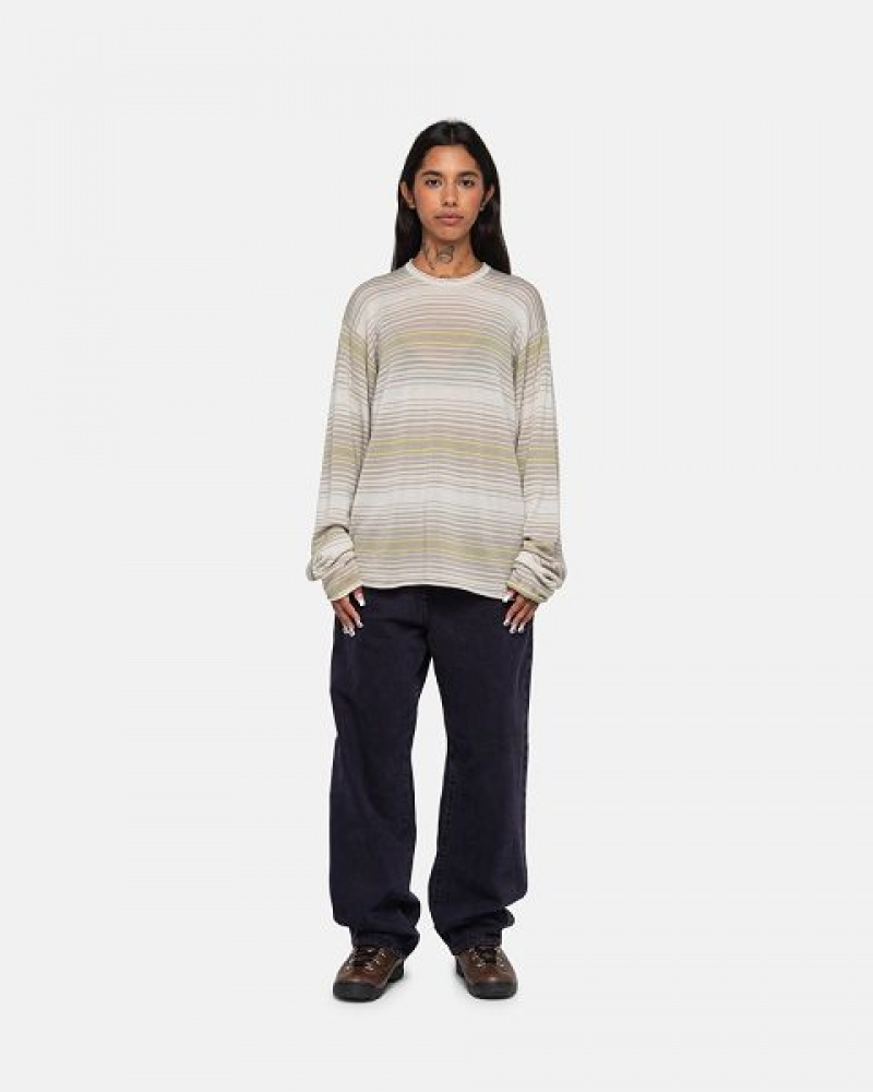 Beige Stussy Horizontal Stripe Sweaters | 7042ZUDKN