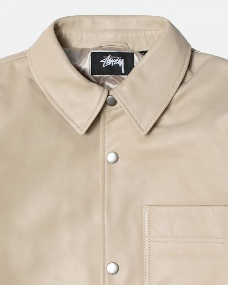 Beige Stussy Leather Over Shirts | 7903KVIXU