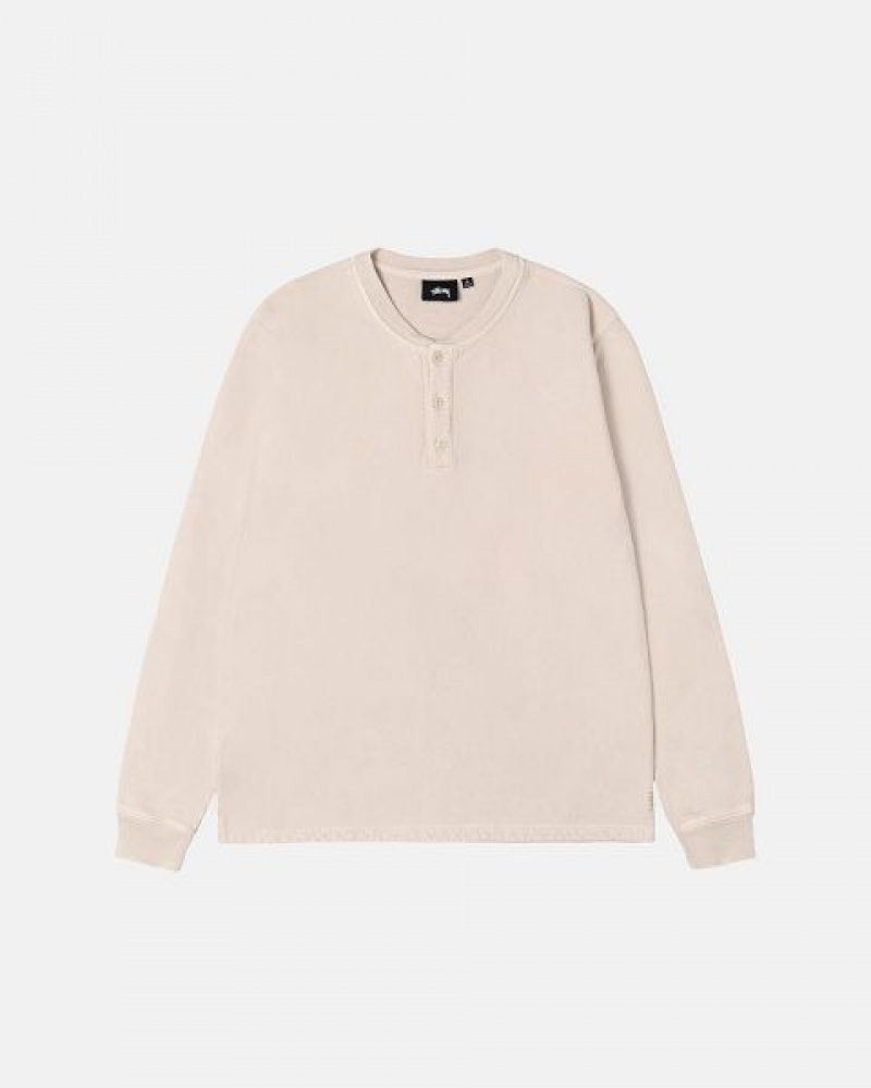 Beige Stussy Open Hem Henley Fleece Sweatshirts | 4806PUNVX