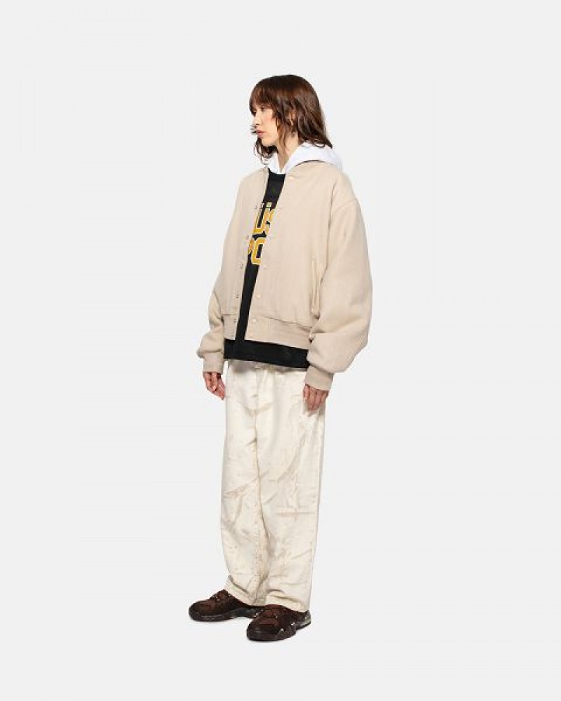 Beige Stussy Sport Melton Varsity Jackets | 5183NSBIQ