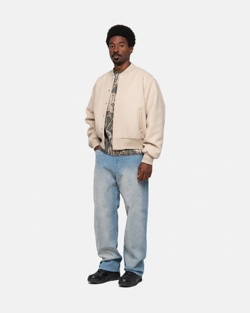 Beige Stussy Sport Melton Varsity Jackets | 5183NSBIQ