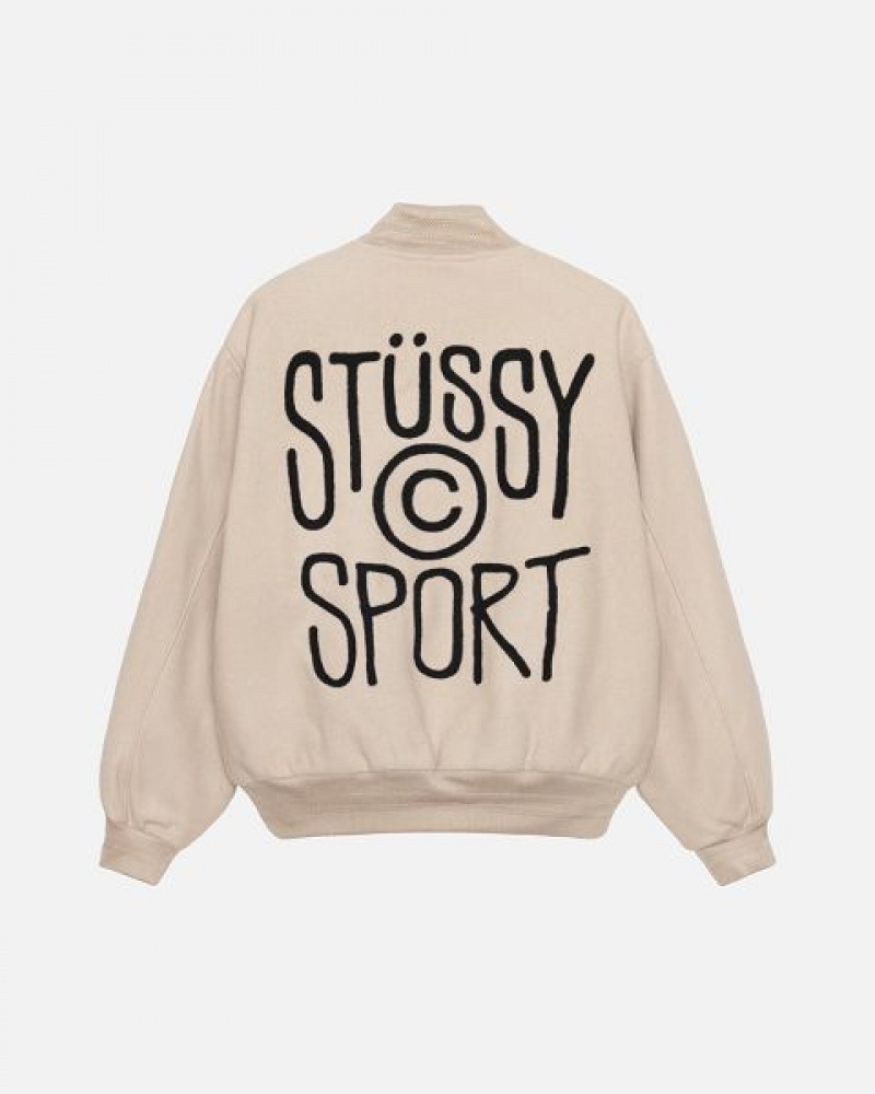 Beige Stussy Sport Melton Varsity Jackets | 5183NSBIQ