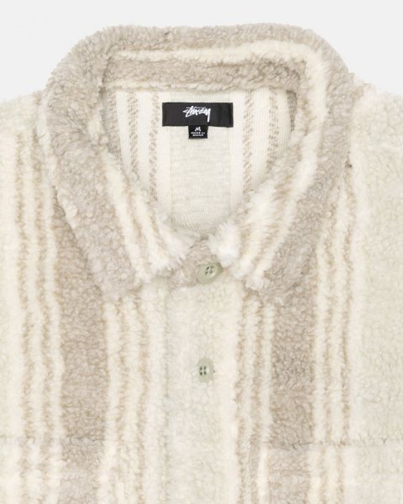 Beige Stussy Striped Sherpa Shirts | 7803BMTON