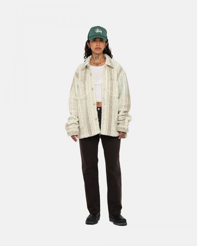 Beige Stussy Striped Sherpa Shirts | 7803BMTON