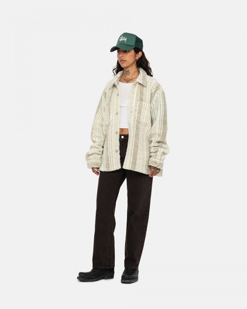 Beige Stussy Striped Sherpa Shirts | 7803BMTON