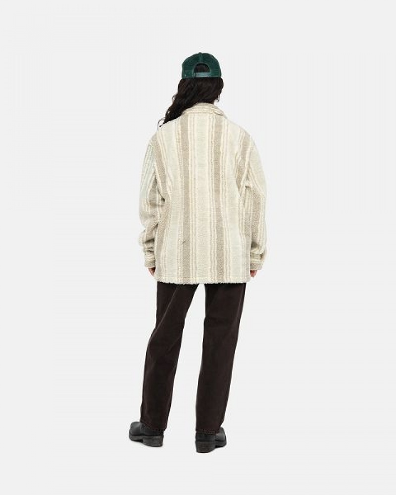 Beige Stussy Striped Sherpa Shirts | 7803BMTON