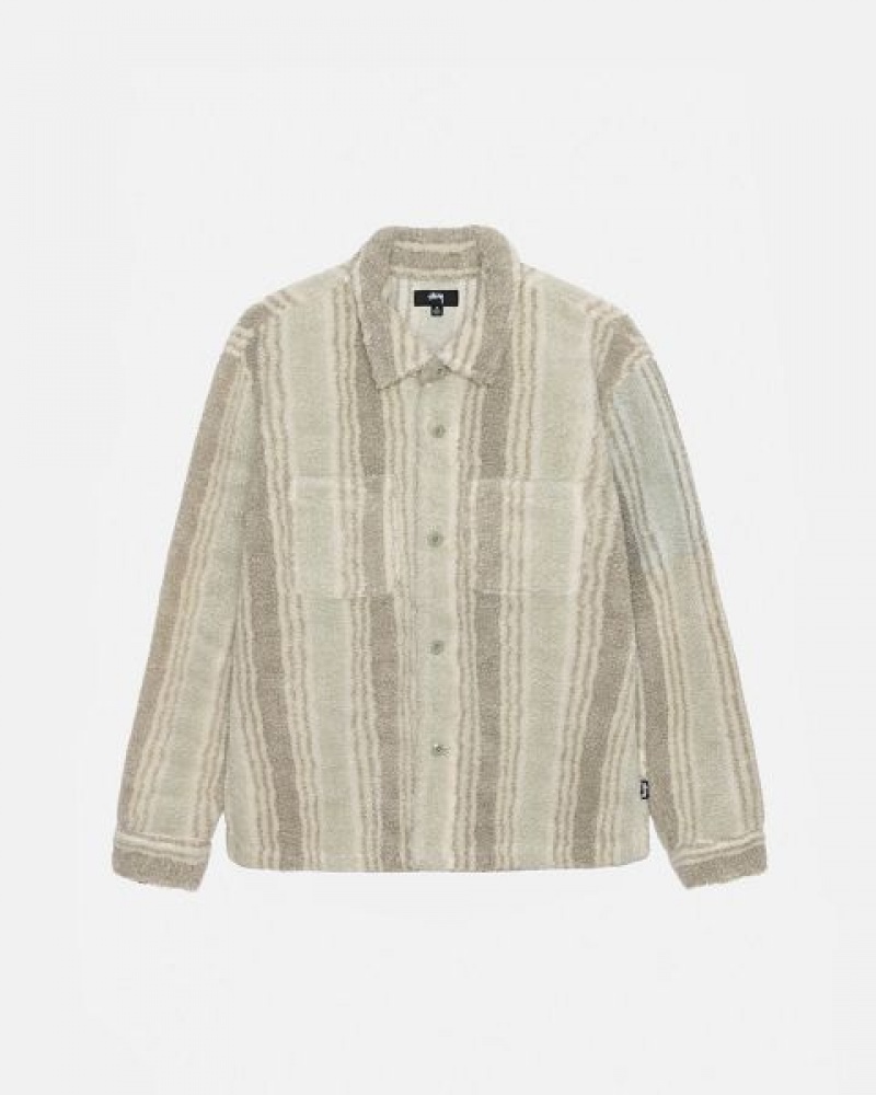 Beige Stussy Striped Sherpa Shirts | 7803BMTON