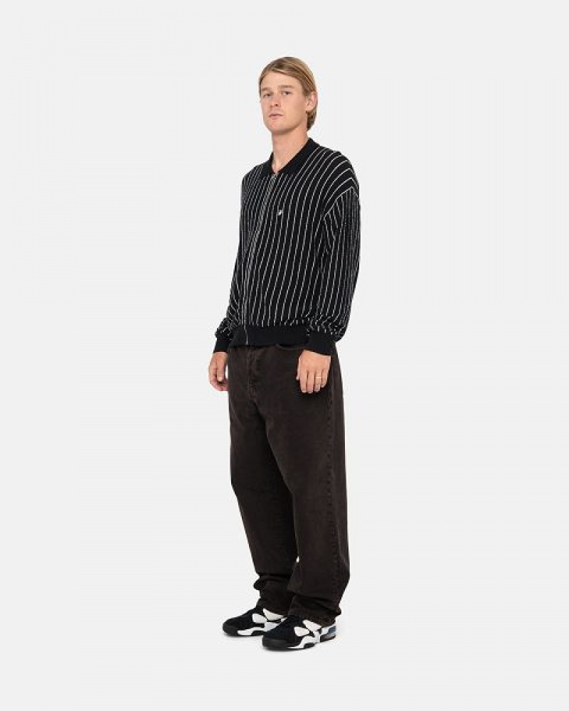 Black Stripes Stussy Light Weight Ls Zip Polo Shirts | 2169PFSZA