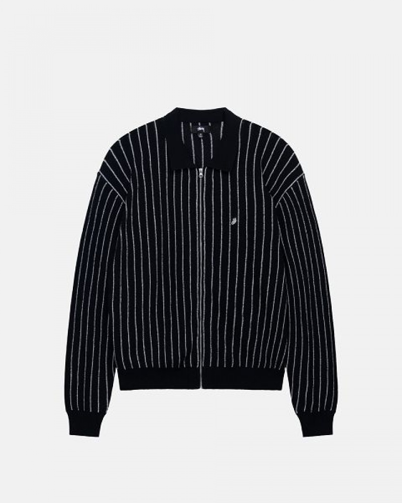 Black Stripes Stussy Light Weight Ls Zip Polo Shirts | 2169PFSZA