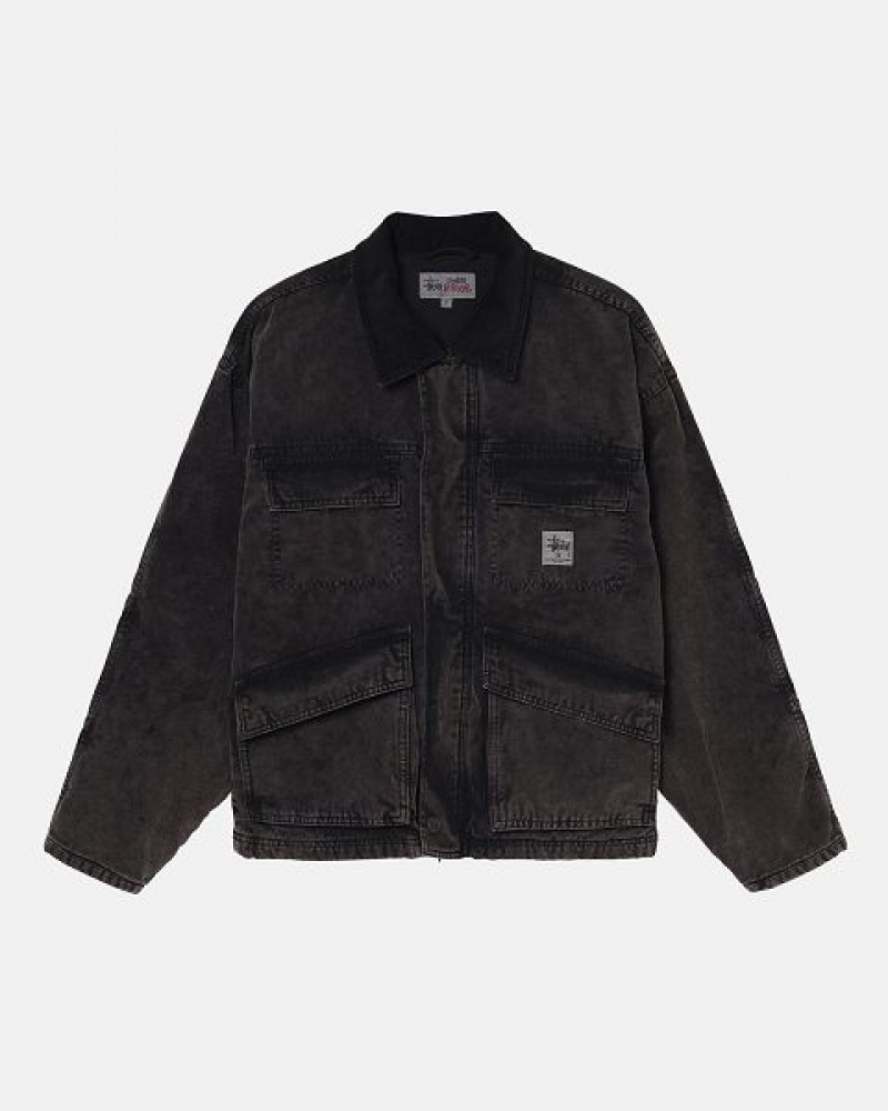 Black Stussy Boxy Fit Washed Canvas Shop Jackets | 2857ZXOCA