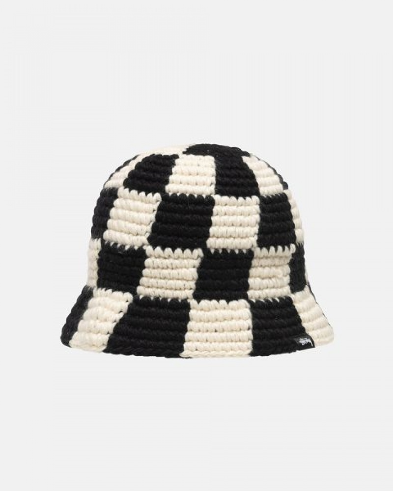 Black Stussy Bucket Checker Knit Hats | 6458COIEG