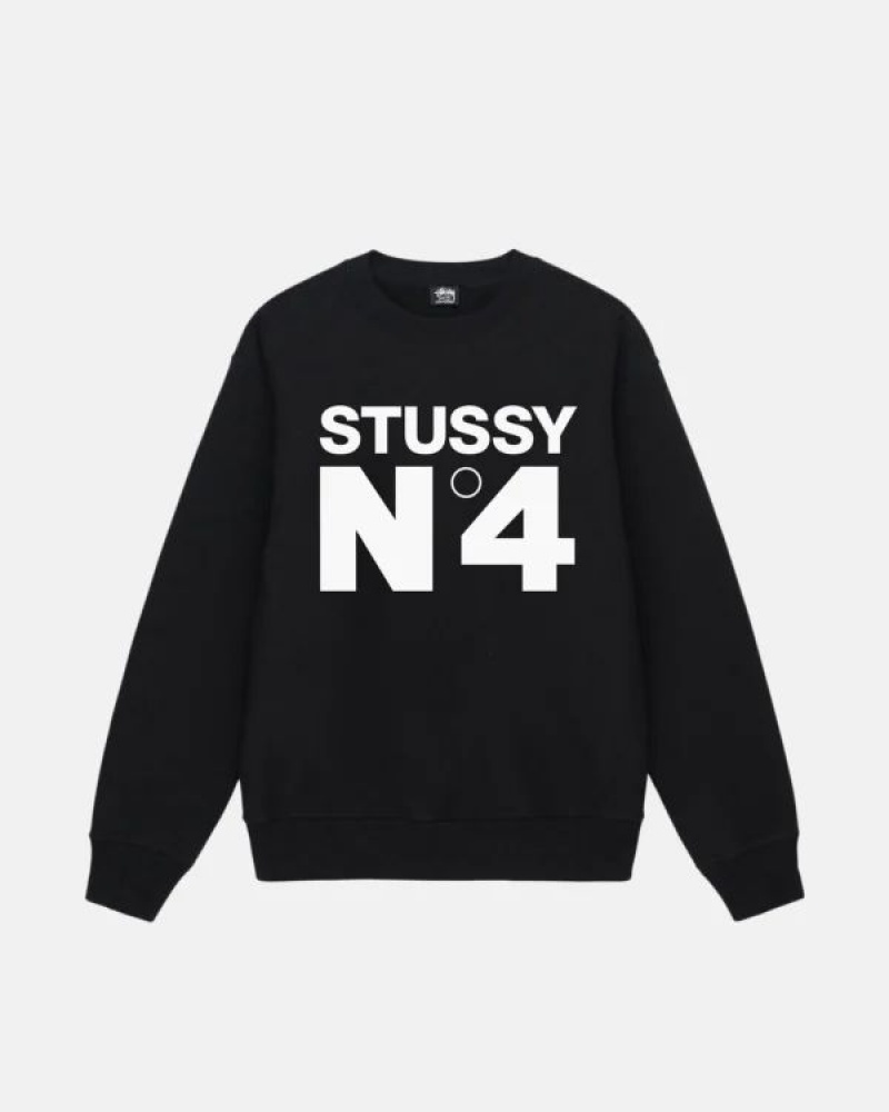 Black / White Stussy No.4 Crew Sweatshirts | 2364FIDJO