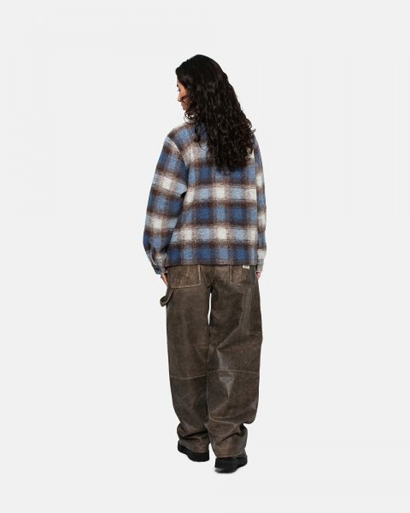 Blue Stussy Brushed Wool Plaid Zip Shirts | 2491SOTXF