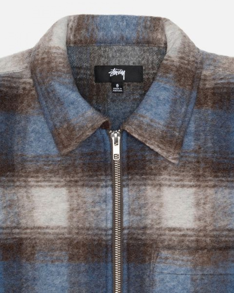 Blue Stussy Brushed Wool Plaid Zip Shirts | 2491SOTXF