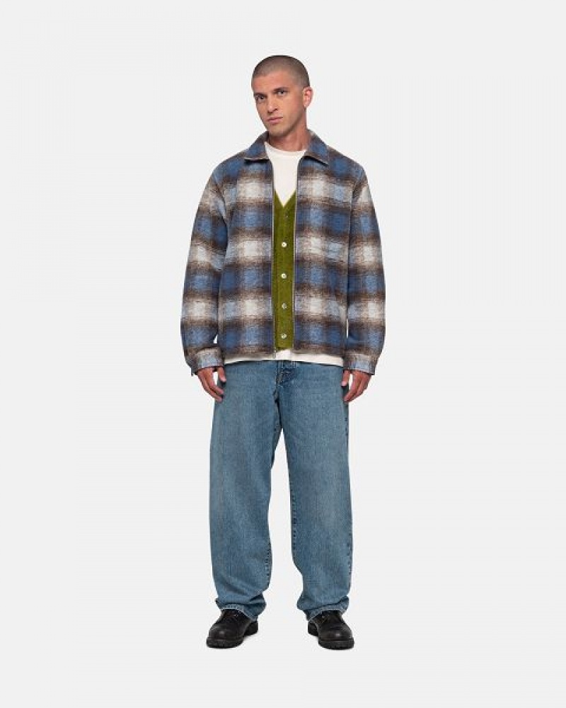 Blue Stussy Brushed Wool Plaid Zip Shirts | 2491SOTXF