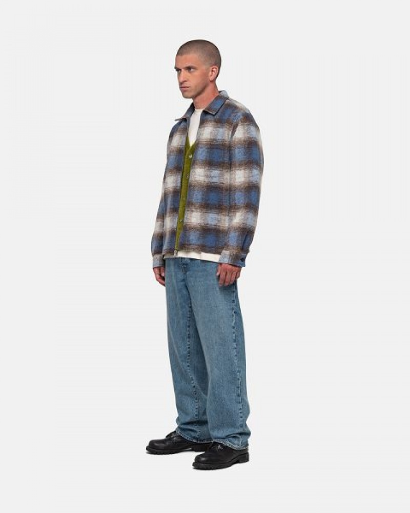 Blue Stussy Brushed Wool Plaid Zip Shirts | 2491SOTXF