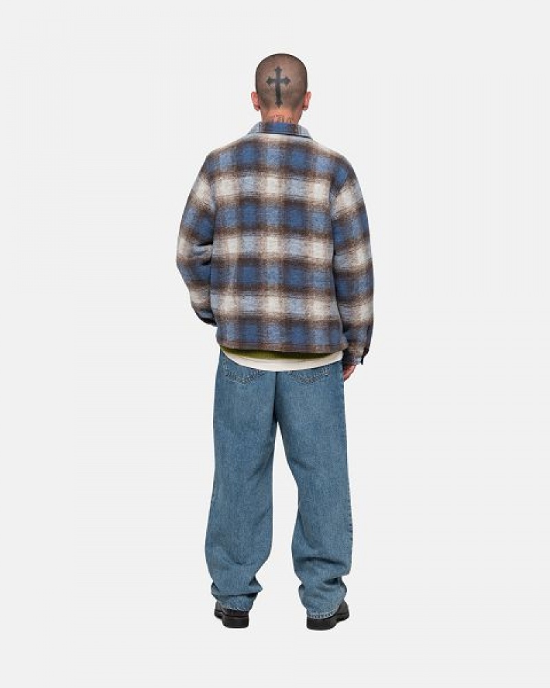 Blue Stussy Brushed Wool Plaid Zip Shirts | 2491SOTXF