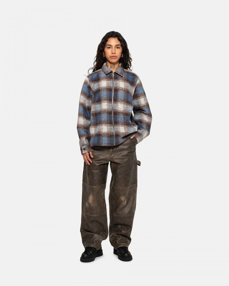 Blue Stussy Brushed Wool Plaid Zip Shirts | 2491SOTXF