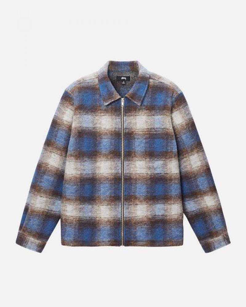 Blue Stussy Brushed Wool Plaid Zip Shirts | 2491SOTXF