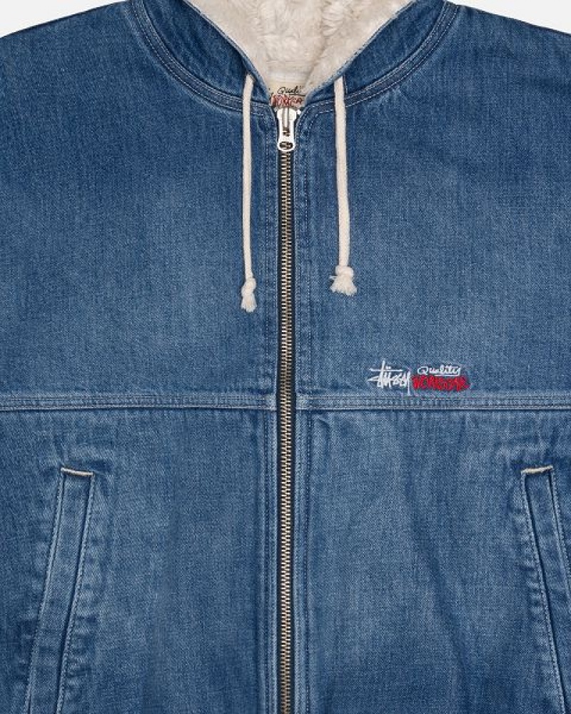 Blue Stussy Work Sherpa Denim Jackets | 0948UZCGX