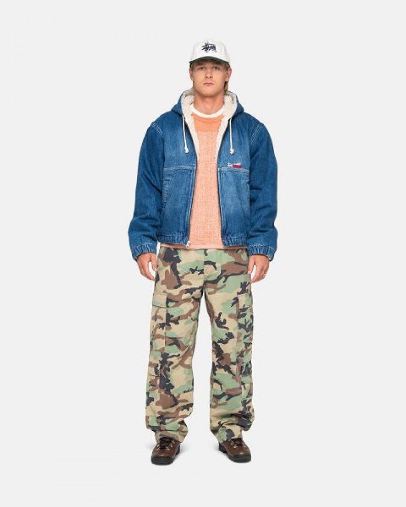 Blue Stussy Work Sherpa Denim Jackets | 0948UZCGX