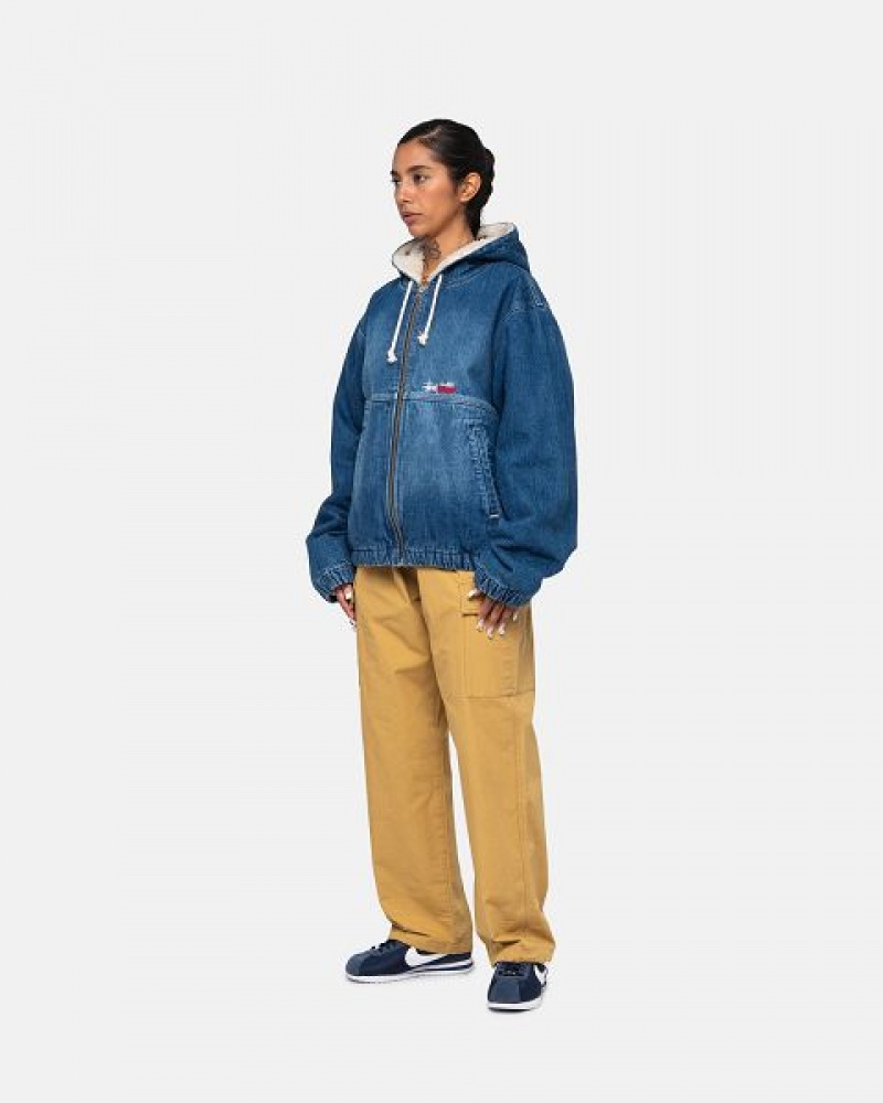 Blue Stussy Work Sherpa Denim Jackets | 0948UZCGX