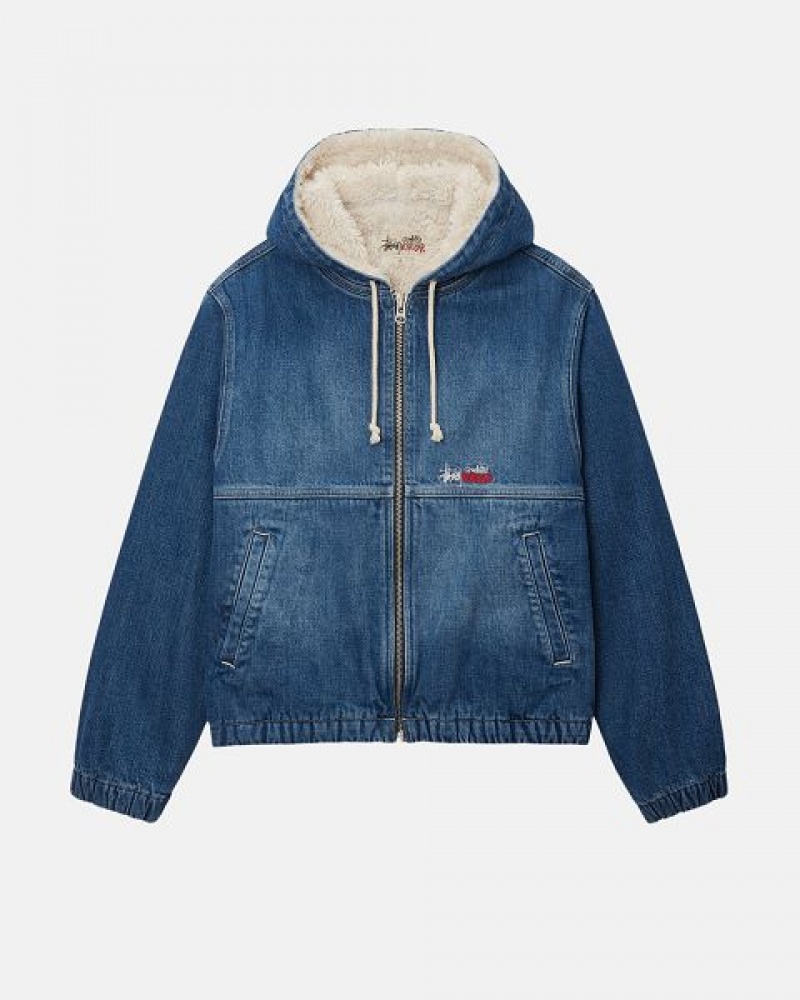 Blue Stussy Work Sherpa Denim Jackets | 0948UZCGX