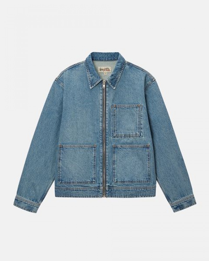 Blue Stussy Zip Work Denim Jackets | 6041BYPQF