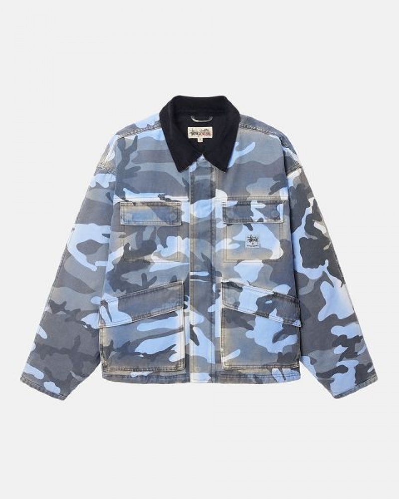 Blue / Camo Stussy Camo Print Canvas Shop Jackets | 7302LCBFX