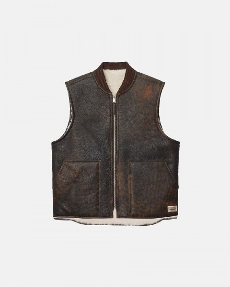 Brown Stussy Reversible Shearling Workgear Vest | 5246BYIXL