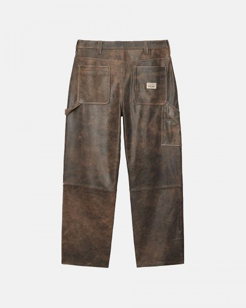 Brown Stussy Work Distressed Leather Pants | 3897ARUKC