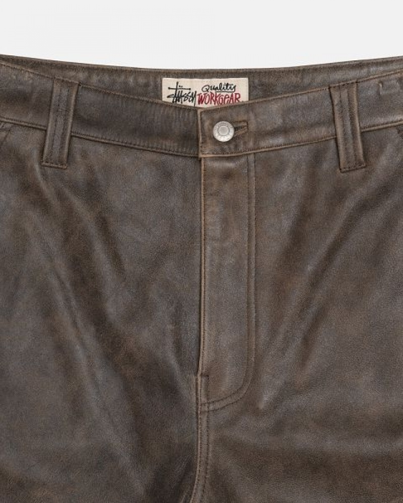 Brown Stussy Work Distressed Leather Pants | 3897ARUKC