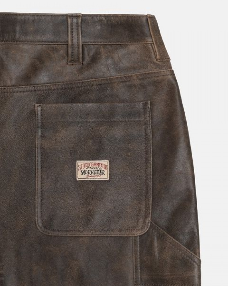 Brown Stussy Work Distressed Leather Pants | 3897ARUKC