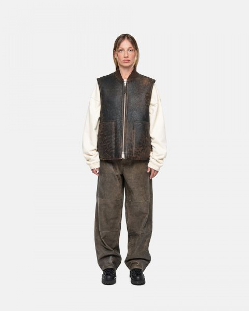 Brown Stussy Work Distressed Leather Pants | 3897ARUKC