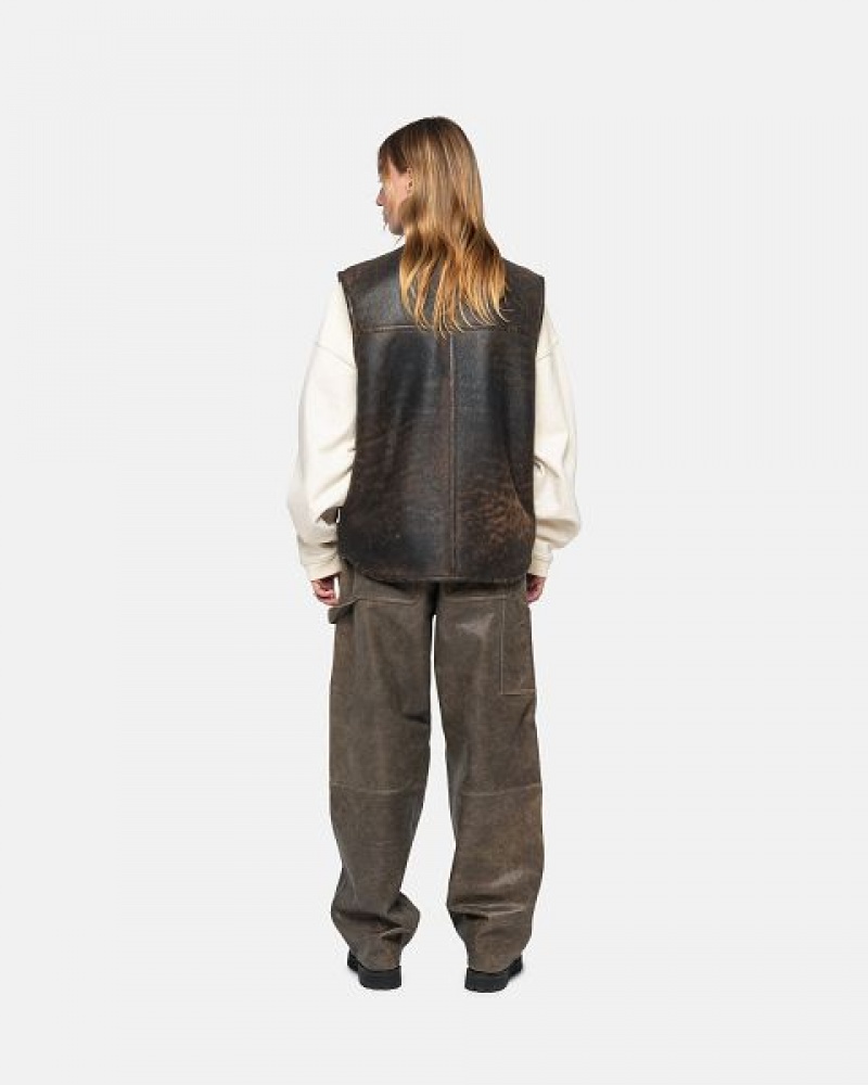 Brown Stussy Work Distressed Leather Pants | 3897ARUKC