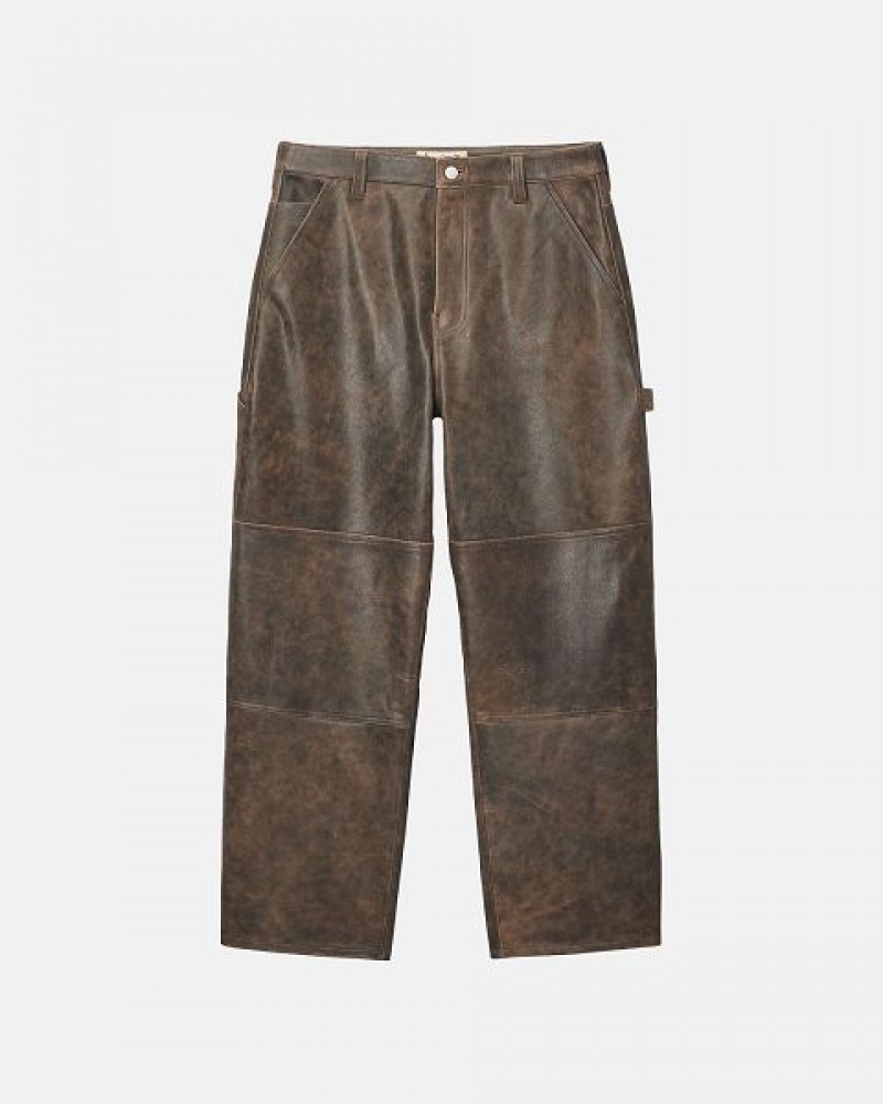 Brown Stussy Work Distressed Leather Pants | 3897ARUKC