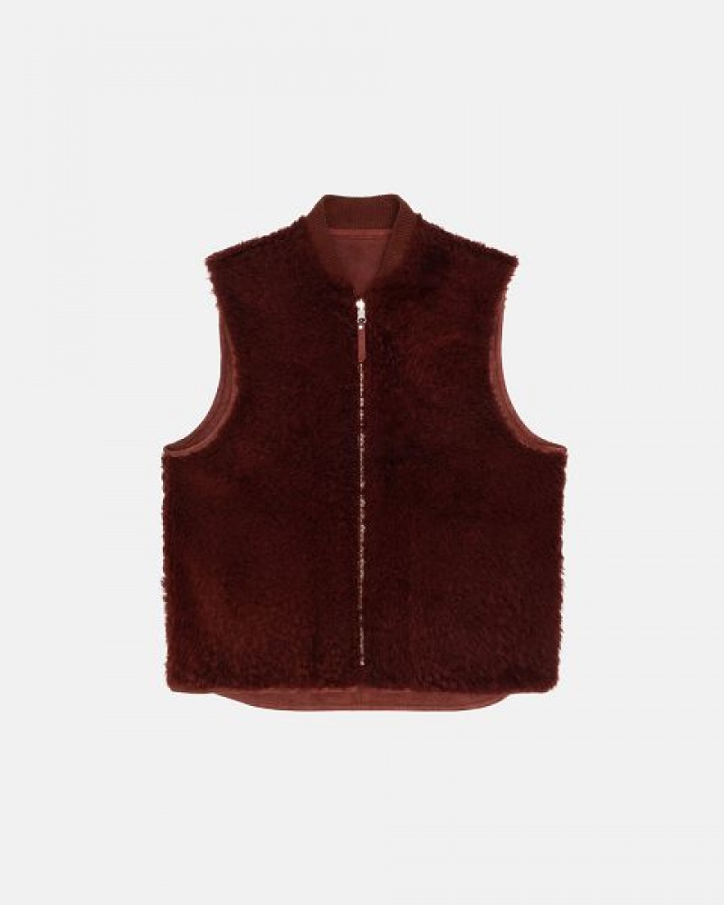 Burgundy Stussy Reversible Shearling Workgear Vest | 7910COPEB