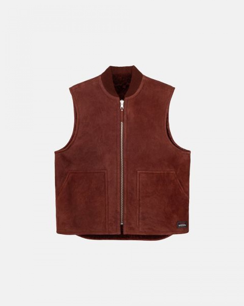 Burgundy Stussy Reversible Shearling Workgear Vest | 7910COPEB