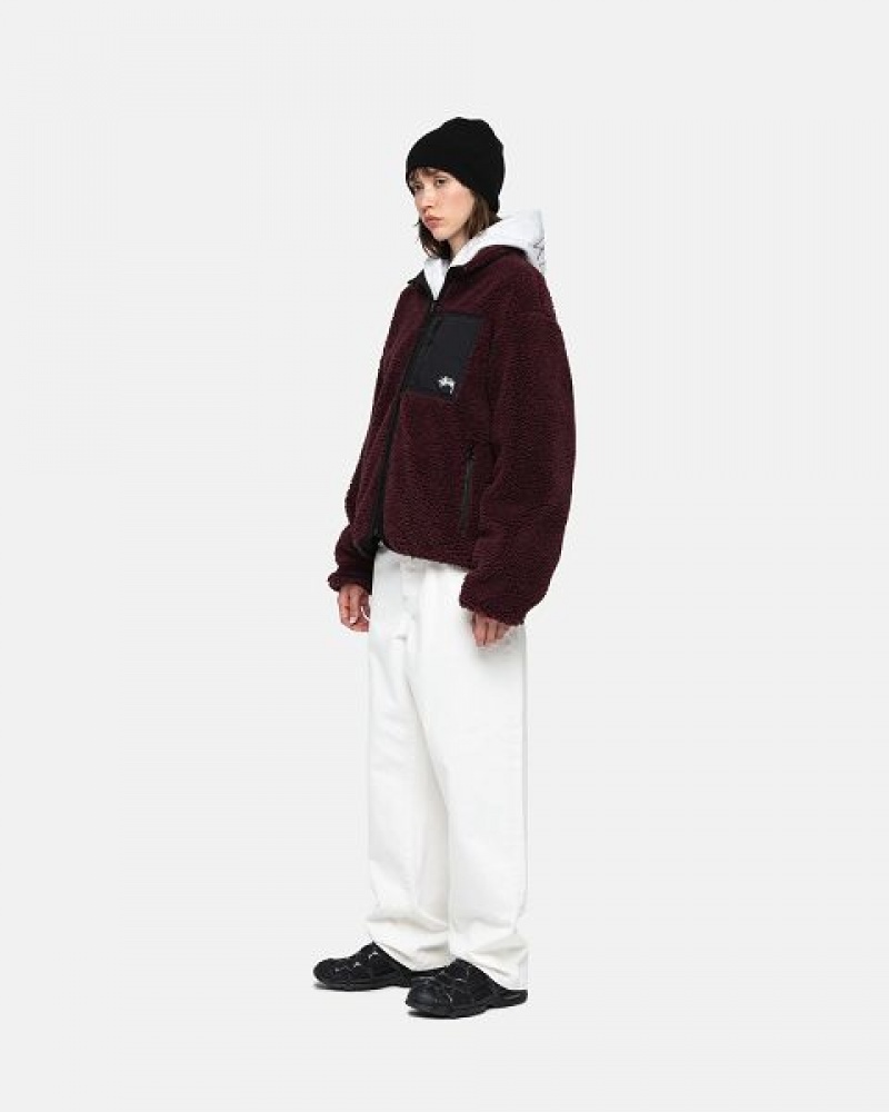 Burgundy Stussy Sherpa Reversible Jackets | 2068MHUCL