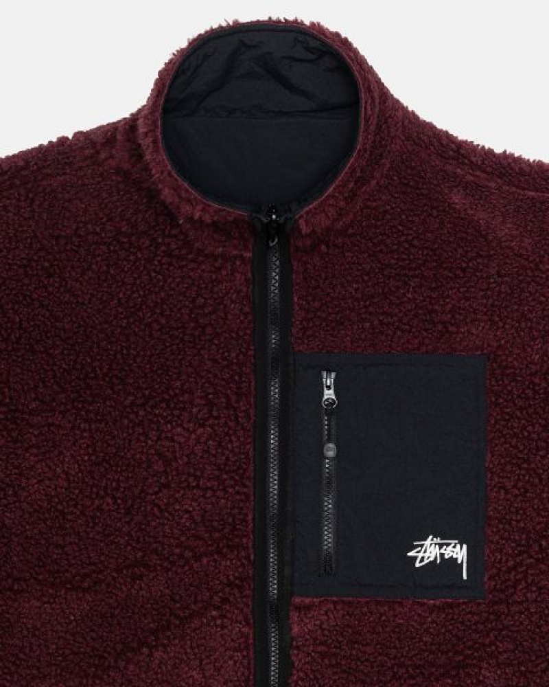 Burgundy Stussy Sherpa Reversible Jackets | 2068MHUCL