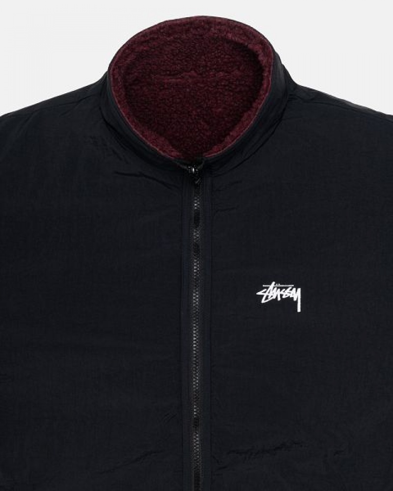 Burgundy Stussy Sherpa Reversible Jackets | 2068MHUCL